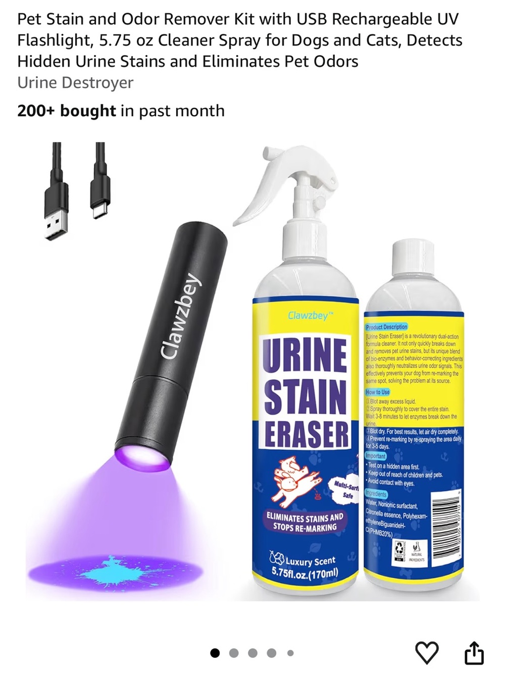 Clawzbey Urine Stain Eraser Spray + UV Flashlight